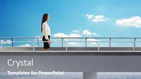  Presentation with bridge concrete - Theme having smiley businesswoman standing on the concrete bridge over cityscape background and a gray colored foreground