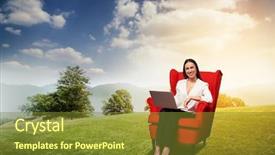  Presentation with camera - Theme with respite - smiley businesswoman with laptop sitting background and a tawny brown colored foreground