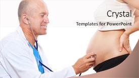  Presentation with pregnant woman doctor - Colorful slide deck enhanced with smiley doctor listening pregnant woman's belly isolated on white background backdrop and a sky blue colored foreground