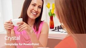  Presentation with speaking - Colorful PPT theme enhanced with smiley girls drinking coffee and speaking about something backdrop and a coral colored foreground