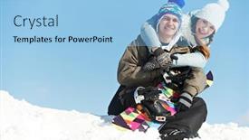  Presentation with snowboard - Audience pleasing PPT theme consisting of smiley happy young sportswoman and sportsman with snowboard at winter outdoor backdrop and a light blue colored foreground