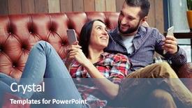  Presentation with smartphones - Amazing theme having smiley man and woman resting on sofa and using smartphones backdrop and a seafoam green colored foreground