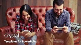  Presentation with smartphones - Theme enhanced with smiley man and woman resting on sofa and using smartphones background and a tawny brown colored foreground