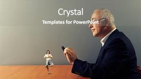  Presentation with looking glass - Beautiful slides featuring smiley man looking with magnifying glass at small meditation woman on the table backdrop and a gray colored foreground