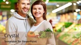  Presentation with products supermarket - Slide deck enhanced with smiley marketing - image of happy couple background and a  colored foreground