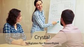  Presentation with speaker - Slide deck enhanced with smiley speaker explaining new project near white board and looking at her colleagues background and a coral colored foreground