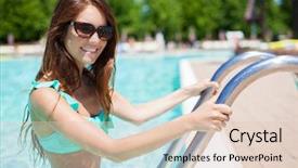  Presentation with swimming pool - Audience pleasing PPT theme consisting of come swim - beautiful woman coming backdrop and a lemonade colored foreground