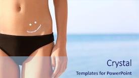  Presentation with sunscreen - Colorful slides enhanced with young woman with sunscreen on body sea background backdrop and a sky blue colored foreground