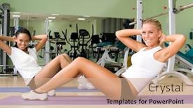  Presentation with club - Slide deck with smiley woman doing exercises at the fitness club background and a coral colored foreground