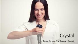  Presentation with man vs woman - Presentation design consisting of smiley woman holding small wearied man in her fist over light grey background background and a lemonade colored foreground