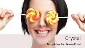  Presentation with eyes - Theme with smiley woman keeps lollypops on the eyes isolated on white background and a lemonade colored foreground
