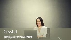  Presentation with dark grey - Audience pleasing slide set consisting of smiley woman sitting at the table with laptop typing on keyboard and looking at screen over dark grey background with empty copyspace overhead backdrop and a gray colored foreground