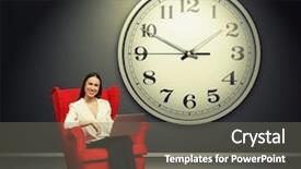  Presentation with red grey - Presentation theme having smiley woman with laptop sitting on the red chair over grey wall with big clock background and a gray colored foreground