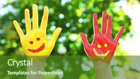  Presentation with colorful hands - Colorful slides enhanced with smiley world - smiling colorful hands on natural backdrop and a forest green colored foreground