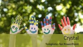 Presentation with colorful hands - Presentation design having smiley world - smiling colorful hands on natural background and a gold colored foreground