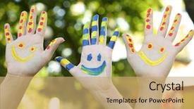  Presentation with colorful hands - Audience pleasing presentation theme consisting of smiley world - smiling colorful hands on natural backdrop and a coral colored foreground