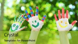  Presentation with colorful nature borders - PPT theme featuring smiley world - smiling colorful hands on natural background and a gold colored foreground