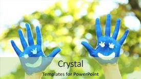  Presentation with colorful nature borders - Cool new PPT theme with smiley world - smiling colorful hands on natural backdrop and a yellow colored foreground