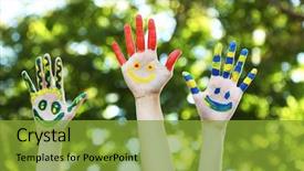  Presentation with colorful hands - PPT layouts consisting of smiley world - smiling colorful hands on natural background and a gold colored foreground