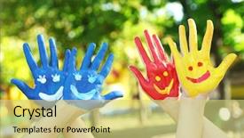  Presentation with colorful hands - PPT theme enhanced with smiley world - smiling colorful hands on natural background and a yellow colored foreground
