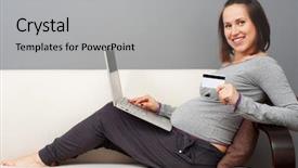  Presentation with credit card - Amazing slide deck having smiley young pregnant woman holding laptop and showing credit card backdrop and a light gray colored foreground