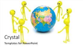  Presentation with people hold hand around globe - Audience pleasing PPT theme consisting of smilies around the globe isolated backdrop and a white colored foreground