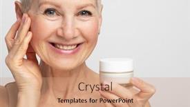  Presentation with anti age - Presentation design consisting of smiling-60s-middle-aged-mature background and a coral colored foreground