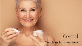  Presentation with 60s - Slide set having smiling-60s-middle-aged-mature background and a coral colored foreground