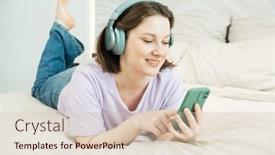  Presentation with tracks - Presentation theme enhanced with smiling-adult-woman-lies background and a  colored foreground