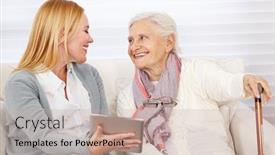  Presentation with senior citizen - Beautiful PPT theme featuring smiling-adult-woman-showing backdrop and a mint green colored foreground