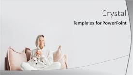  Presentation with tea coffee - PPT theme having smiling-adult-woman-sitting-relaxing background and a white colored foreground