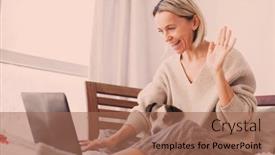  Presentation with virtual work - Presentation theme featuring smiling-adult-woman-video-calling background and a coral colored foreground