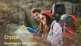  Presentation with map - Colorful PPT layouts enhanced with smiling adventure couple with map backdrop and a tawny brown colored foreground