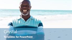  Presentation with retirement - Slide set enhanced with smiling-african-american-bald-senior background and a teal colored foreground