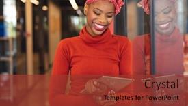  Presentation with african american business - PPT theme with smiling-african-american-businesswoman-looking background and a tawny brown colored foreground