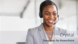  Presentation with call center - Presentation theme featuring smiling-african-american-customer-care background and a light gray colored foreground