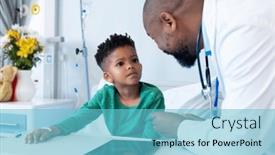  Presentation with african american patient - PPT layouts having smiling-african-american-male-doctor background and a light blue colored foreground