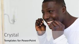  Presentation with home health care - Presentation design consisting of smiling-african-american-man-flossing background and a light gray colored foreground