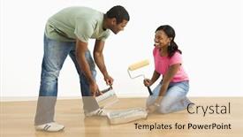  Presentation with elementary school african american female career day - Slide deck consisting of smiling african american man pouring paint into tray as female looks background and a lemonade colored foreground