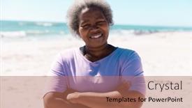  Presentation with retirement - Presentation theme having smiling-african-american-senior-woman background and a coral colored foreground
