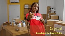  Presentation with community service - Presentation theme consisting of smiling-african-american-woman-volunteer and a tawny brown colored foreground