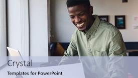  Presentation with african american business - PPT layouts featuring smiling-african-american-young-businessman background and a light blue colored foreground