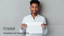  Presentation with college education happy smiling - PPT layouts consisting of smiling african man holding blank background and a light gray colored foreground