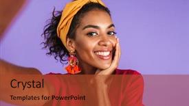  Presentation with happy smiling woman dental health - Colorful theme enhanced with smiling african woman in dress backdrop and a red colored foreground