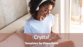  Presentation with mobile home - Amazing PPT theme having smiling african woman in headphones backdrop and a coral colored foreground