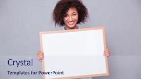  Presentation with blank portrait a4 - PPT layouts having smiling afro american woman holding background and a sky blue colored foreground