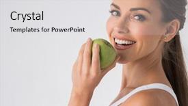  Presentation with happy smiling woman dental health - Presentation design enhanced with smiling and biting green apple background and a light gray colored foreground