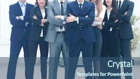  Presentation with five business people standing together and smiling - Cool new theme with smiling and confident business team backdrop and a ocean colored foreground