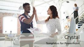  Presentation with young business people - Beautiful slide set featuring smiling and giving high-five backdrop and a light gray colored foreground