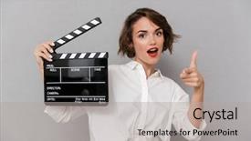  Presentation with black woman - Slides consisting of smiling and holding black clapperboard background and a light gray colored foreground